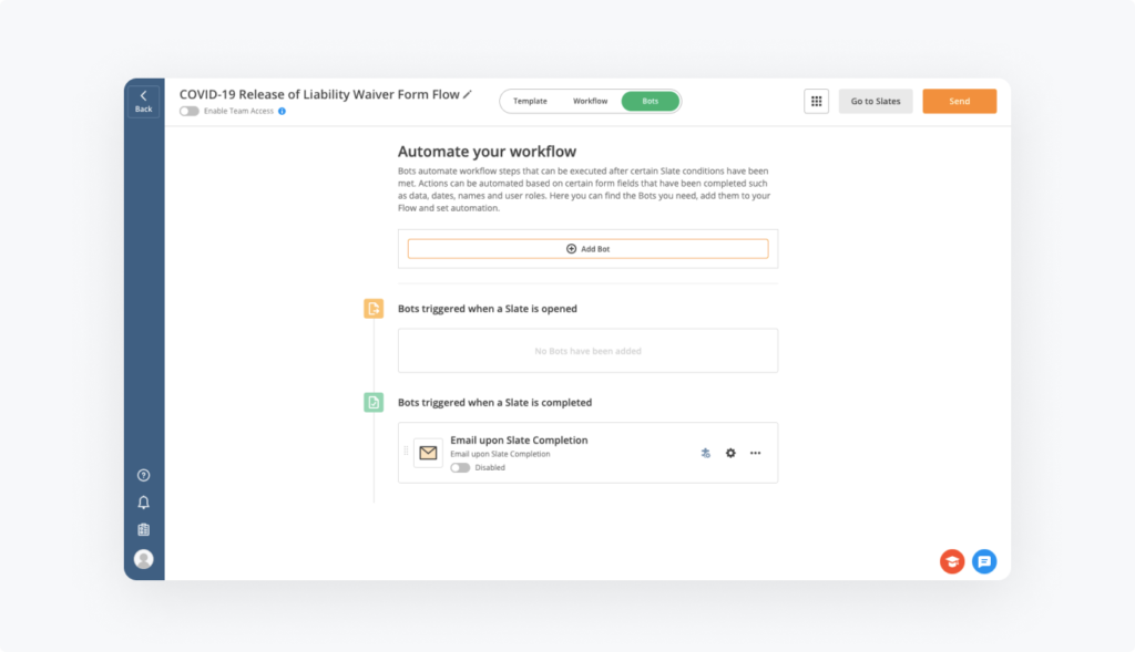 How to add Bots to COVID-19 Release of Liability Waiver Form Flow in airSlate